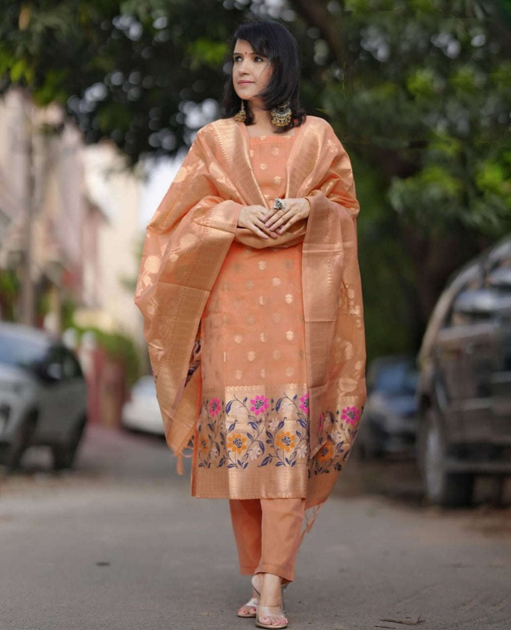 Glamorous Orange Chanderi Banarasi Jamdani Weaving Suit Set