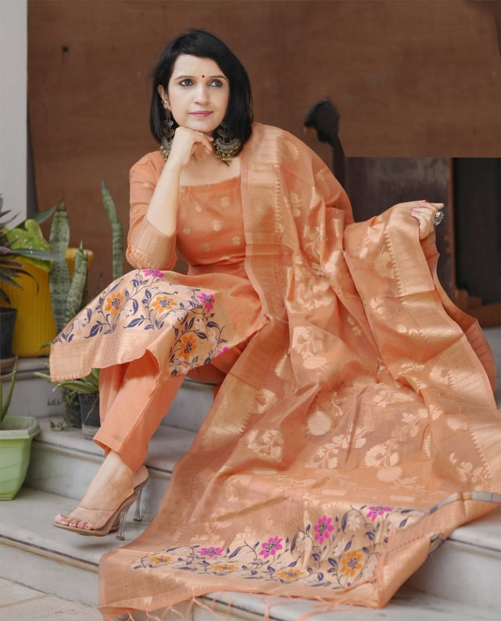 Glamorous Orange Chanderi Banarasi Jamdani Weaving Suit Set
