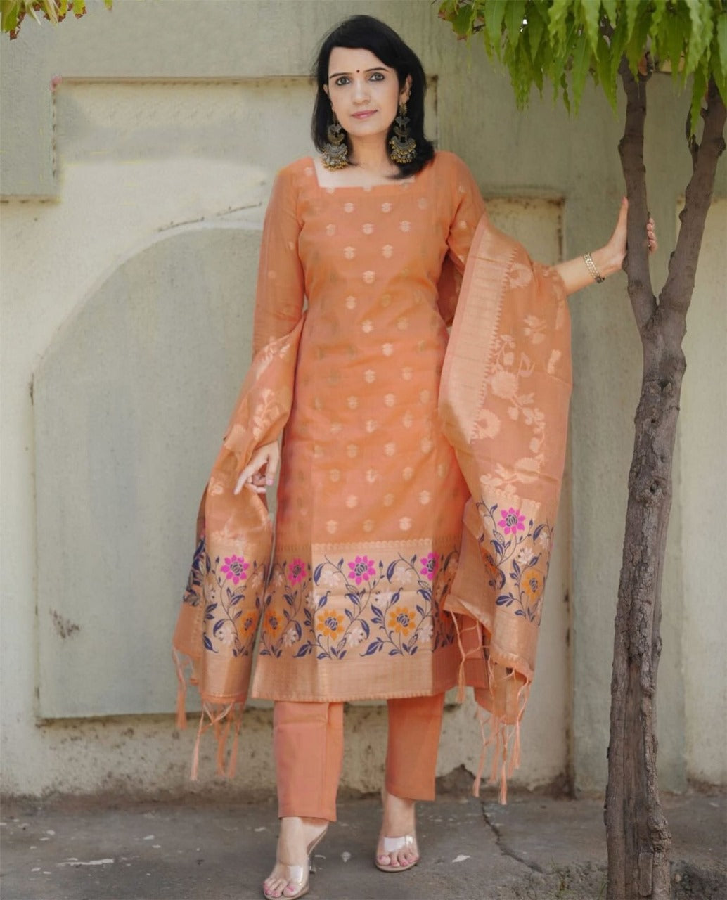 Glamorous Orange Chanderi Banarasi Jamdani Weaving Suit Set