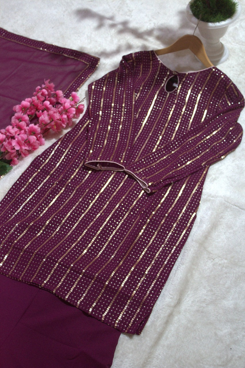 Fairytale Wine Georgette Sequins Embroidered Work Suit Set