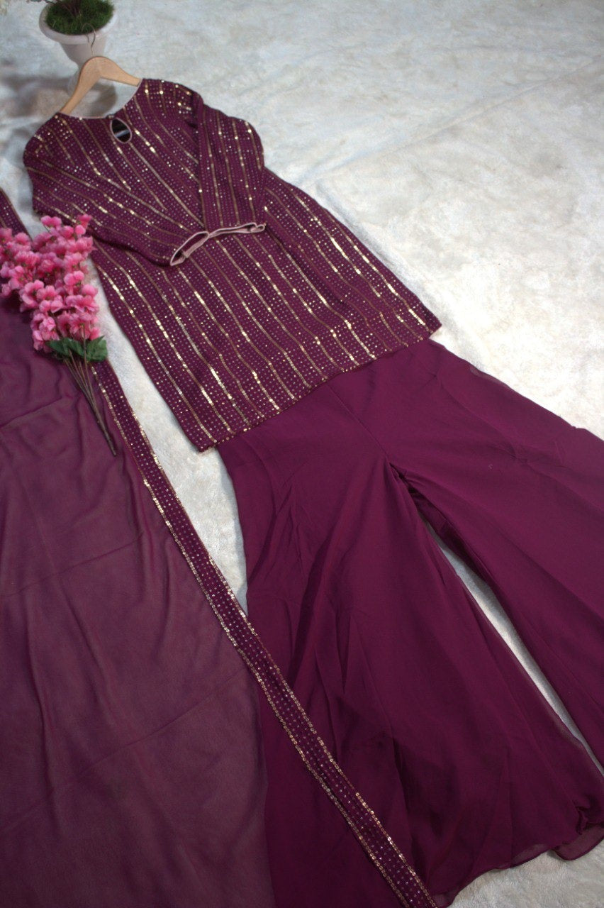 Fairytale Wine Georgette Sequins Embroidered Work Suit Set
