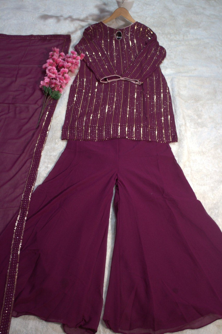 Fairytale Wine Georgette Sequins Embroidered Work Suit Set