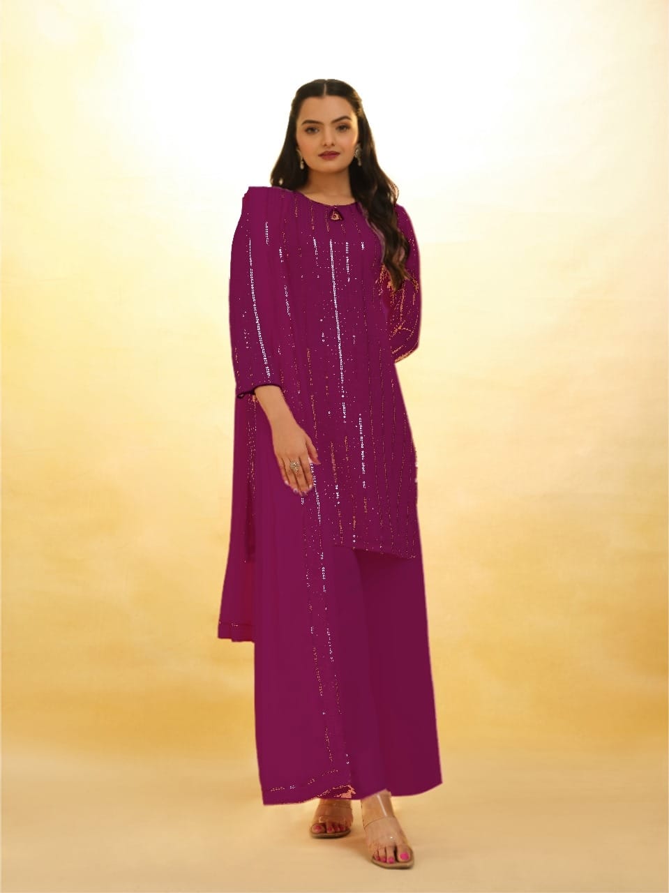Fairytale Wine Georgette Sequins Embroidered Work Suit Set