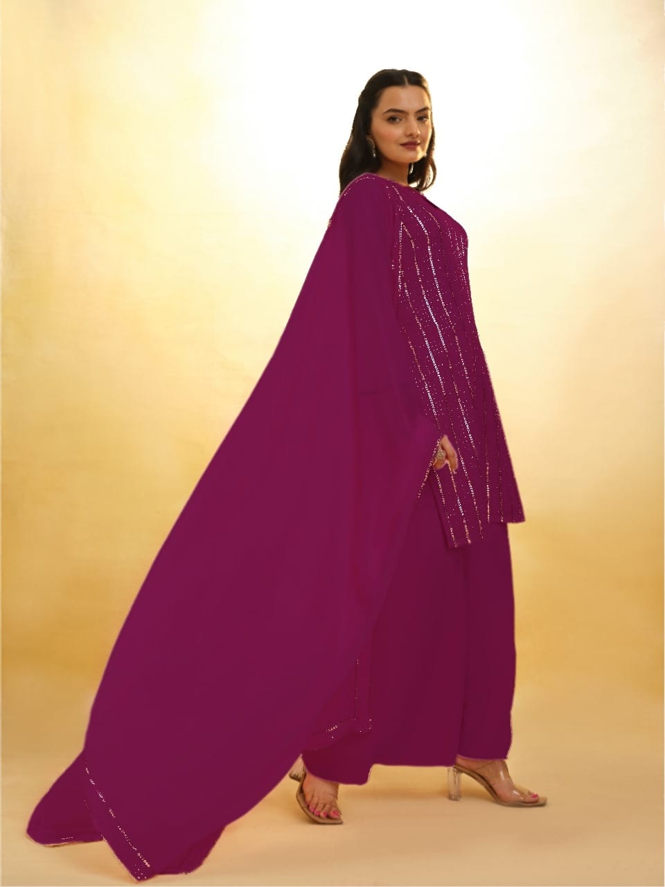 Fairytale Wine Georgette Sequins Embroidered Work Suit Set