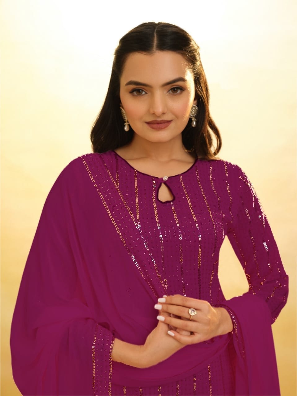 Fairytale Wine Georgette Sequins Embroidered Work Suit Set