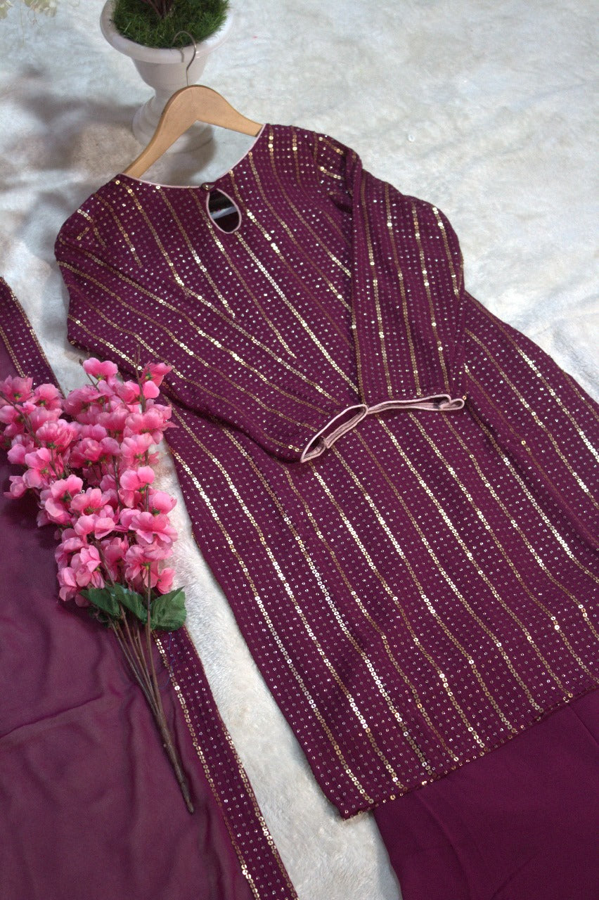 Fairytale Wine Georgette Sequins Embroidered Work Suit Set