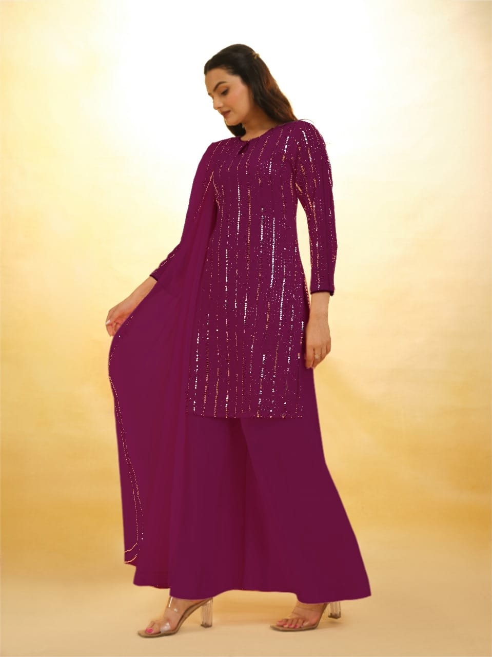 Fairytale Wine Georgette Sequins Embroidered Work Suit Set