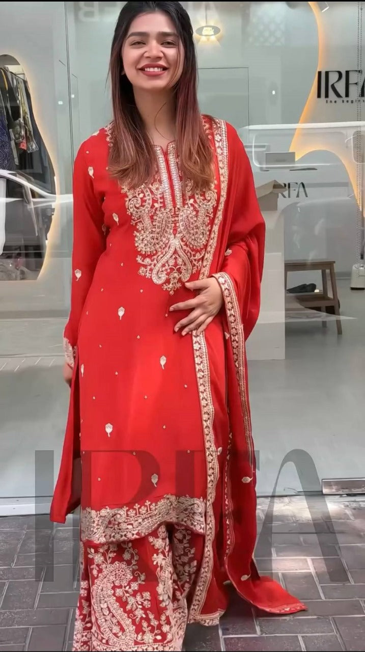 Moiety Red Chinon Silk With Embroidery Work Sharara Set