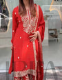 Moiety Red Chinon Silk With Embroidery Work Sharara Set