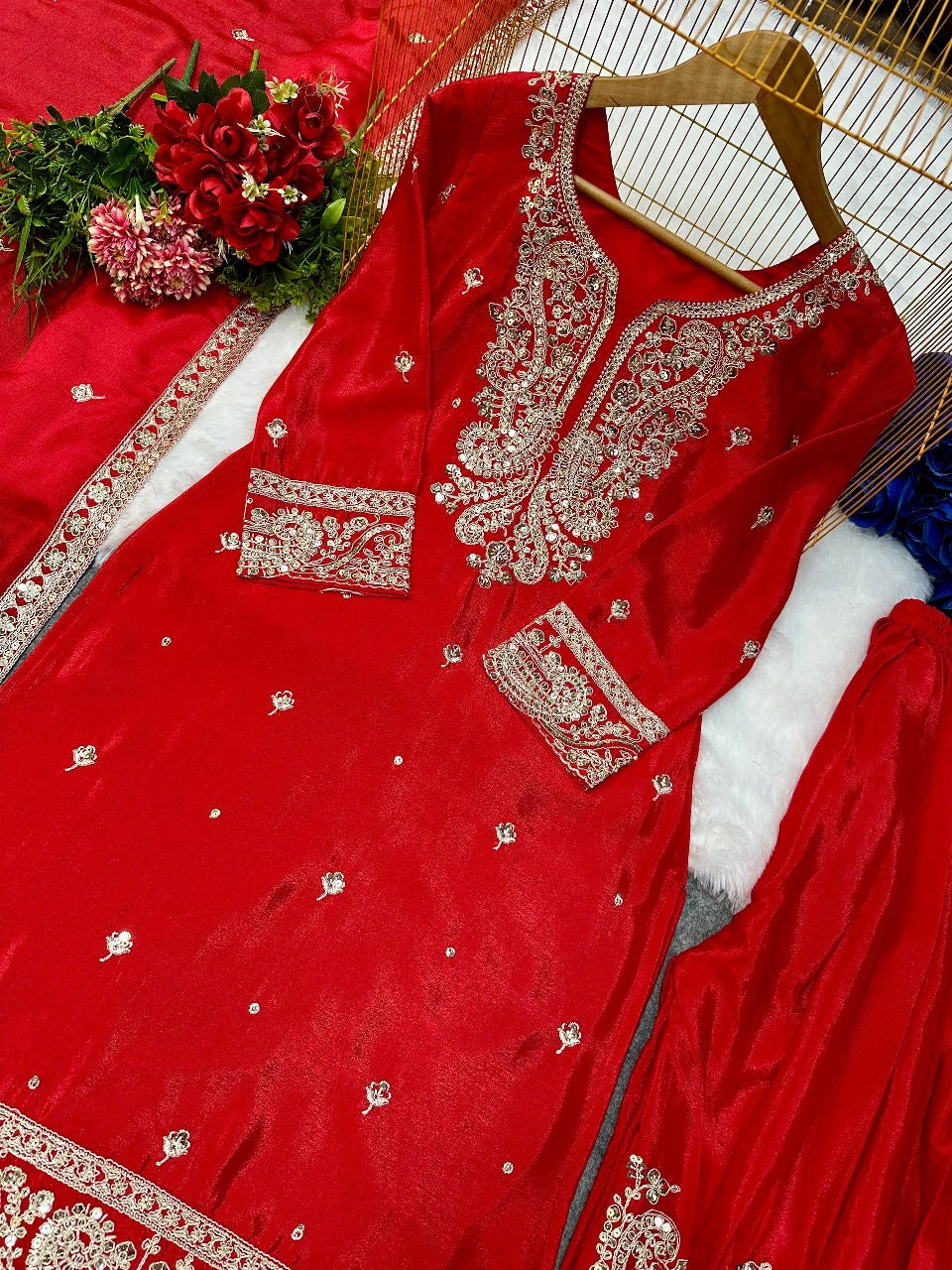 Moiety Red Chinon Silk With Embroidery Work Sharara Set