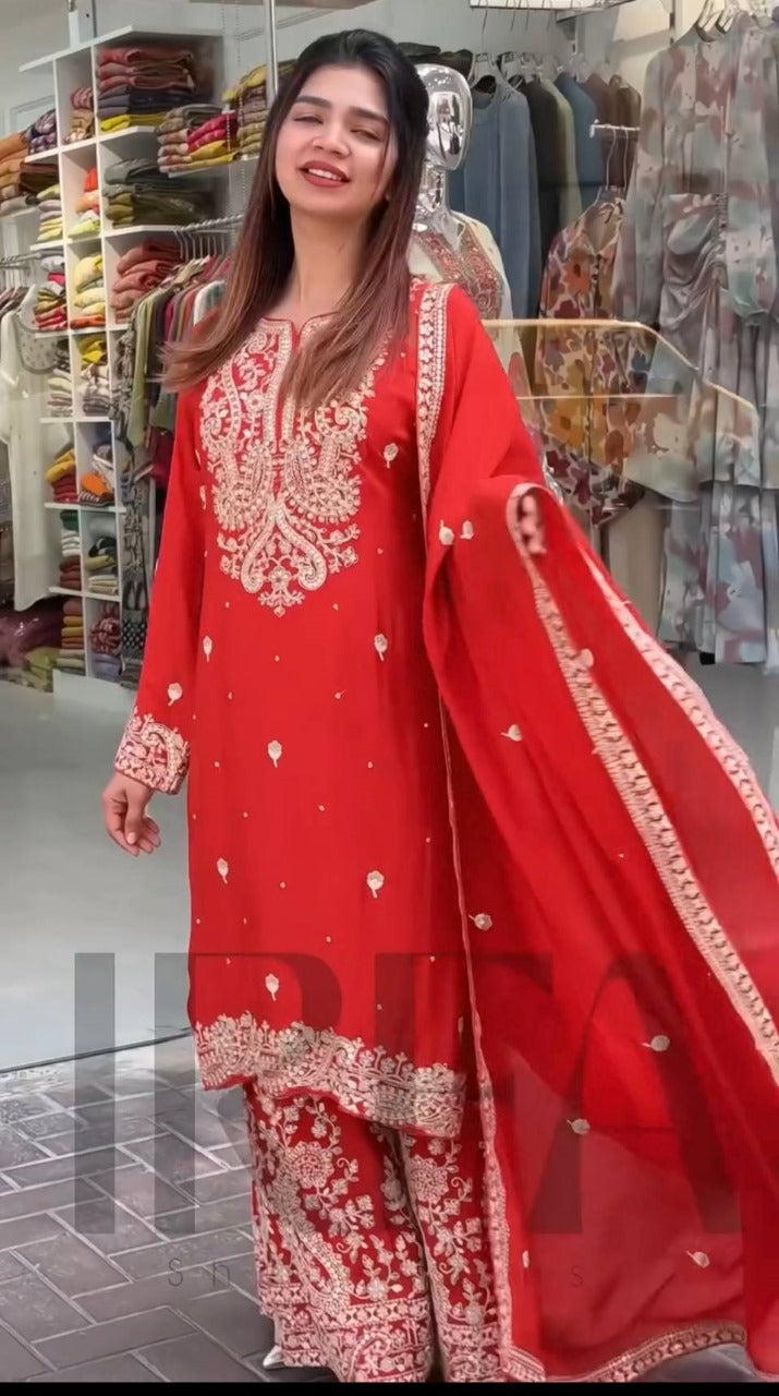 Moiety Red Chinon Silk With Embroidery Work Sharara Set