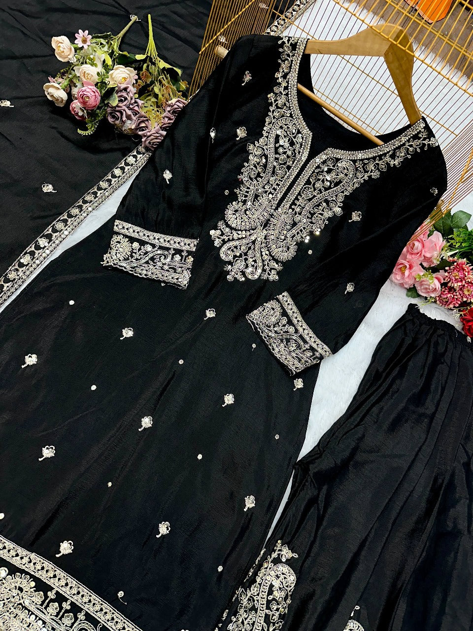 Deserving Black Chinon Silk With Embroidery Work Sharara Set