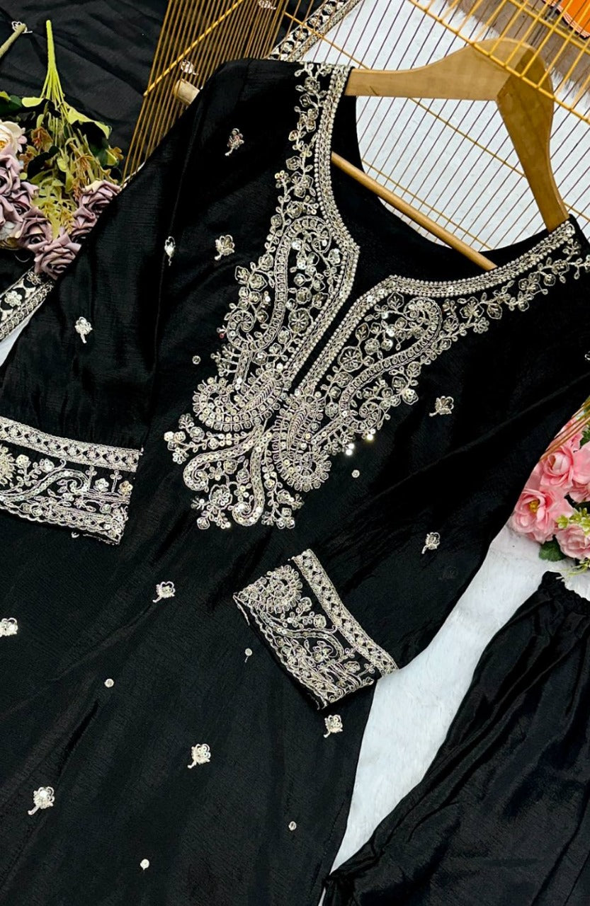 Deserving Black Chinon Silk With Embroidery Work Sharara Set