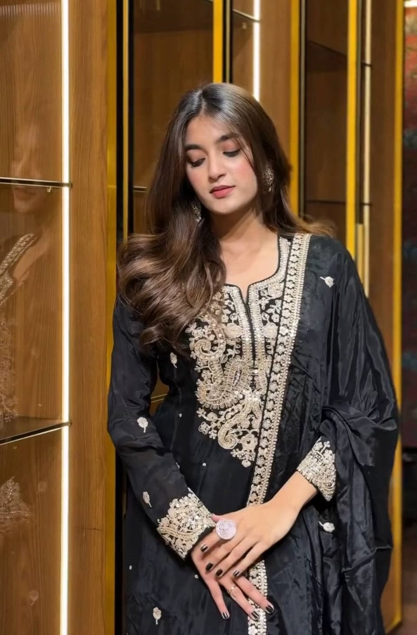 Deserving Black Chinon Silk With Embroidery Work Sharara Set