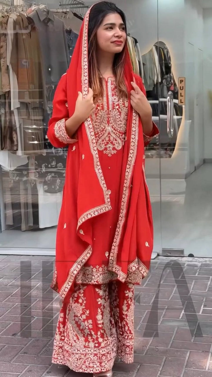 Moiety Red Chinon Silk With Embroidery Work Sharara Set