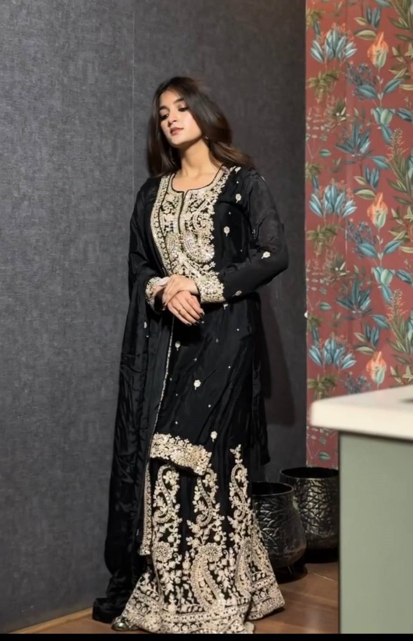 Deserving Black Chinon Silk With Embroidery Work Sharara Set