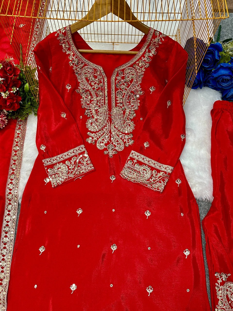 Moiety Red Chinon Silk With Embroidery Work Sharara Set