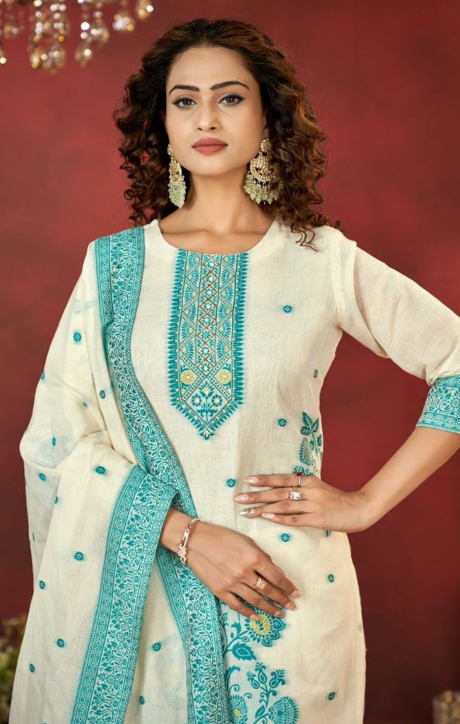 Attractive Firozi Pure Cotton Jacquard with Hand Work