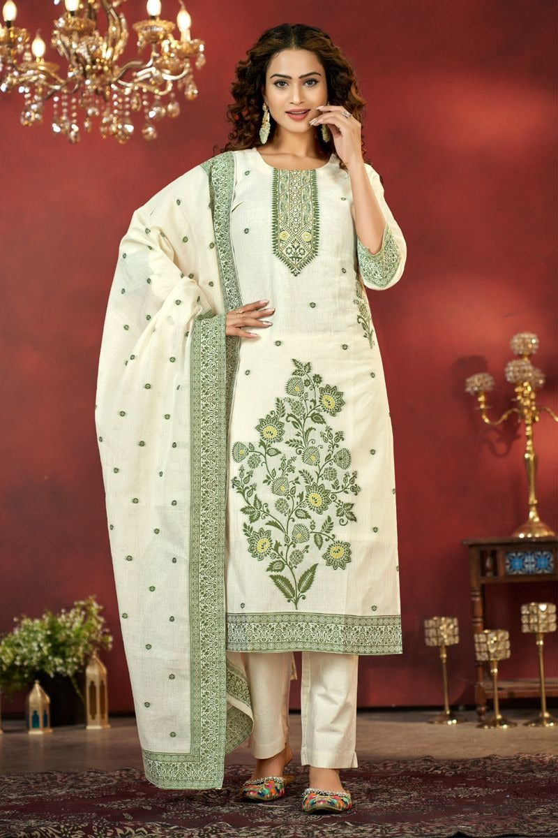 Ineffable Lime Green Pure Cotton Jacquard with Hand Work