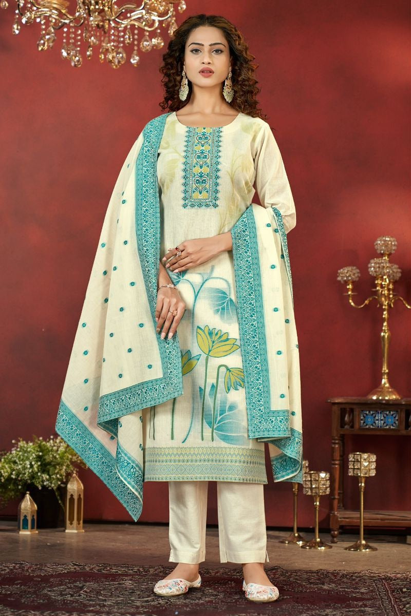 Piquant Cream Blue  Pure Cotton Jacquard with Hand Work