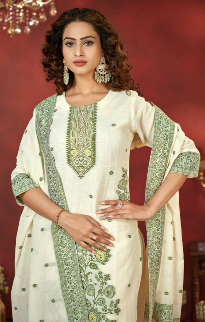 Ineffable Lime Green Pure Cotton Jacquard with Hand Work