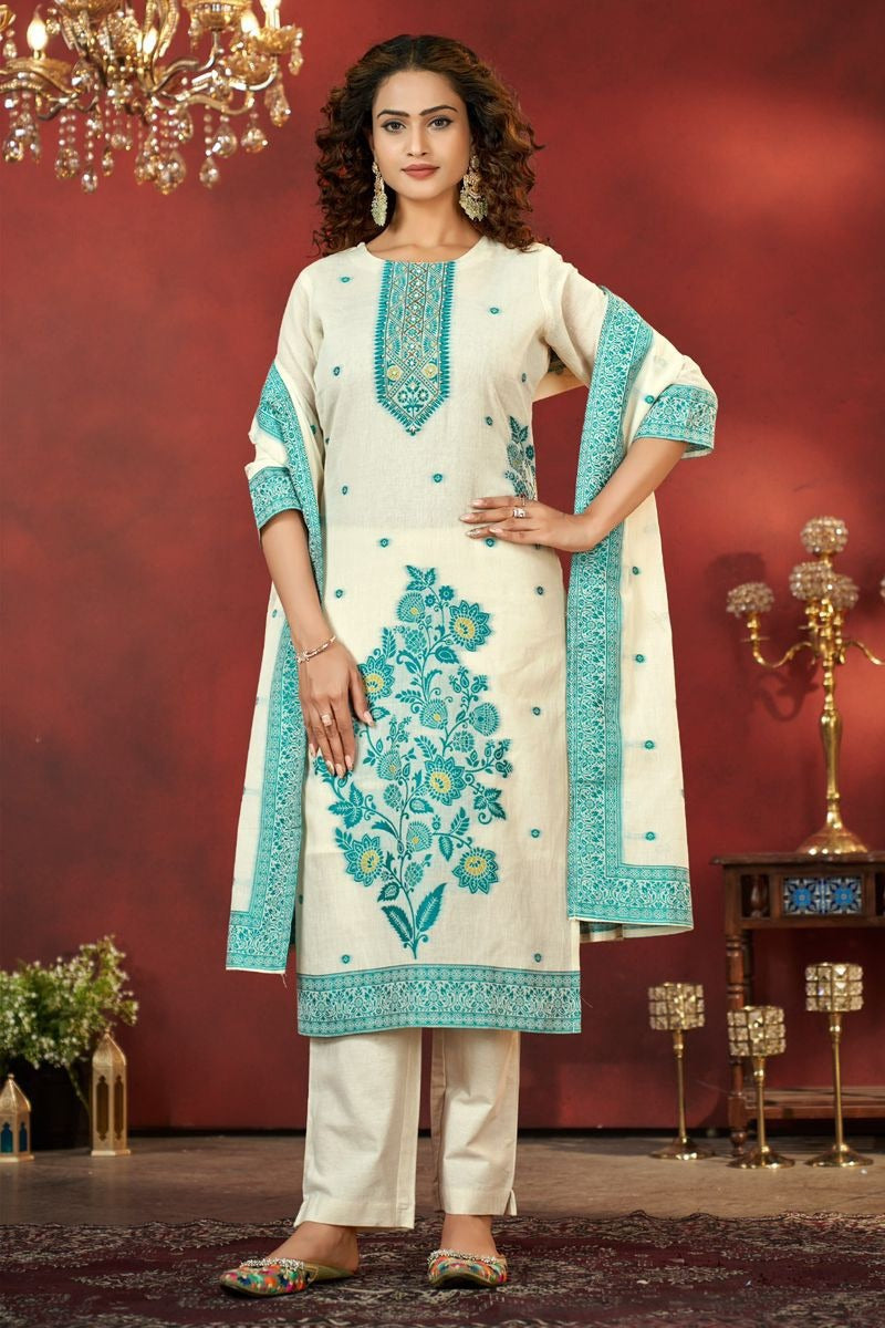 Attractive Firozi Pure Cotton Jacquard with Hand Work