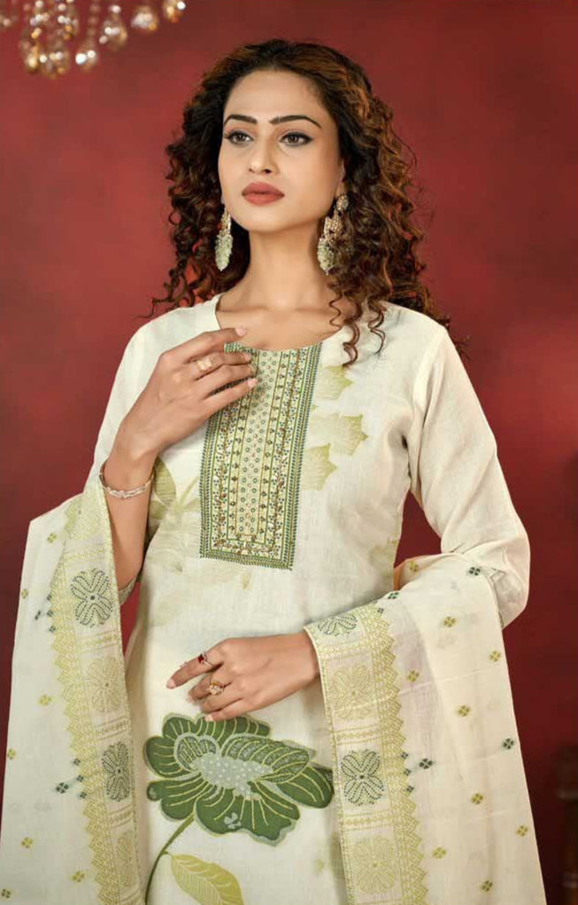 Charismatic Green Pure Cotton Jacquard with Hand Work3699