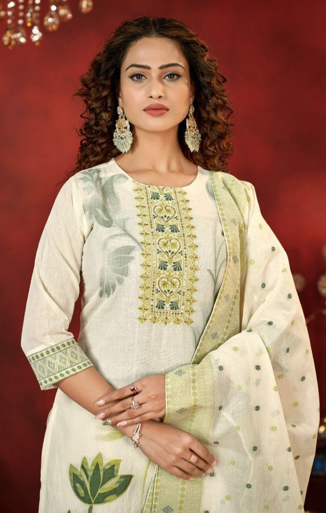 Adorning Light Green Pure Cotton Jacquard with Hand Work