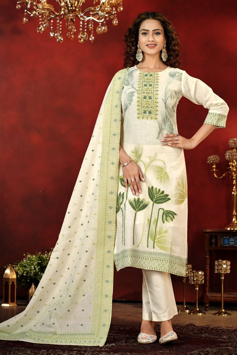 Adorning Light Green Pure Cotton Jacquard with Hand Work