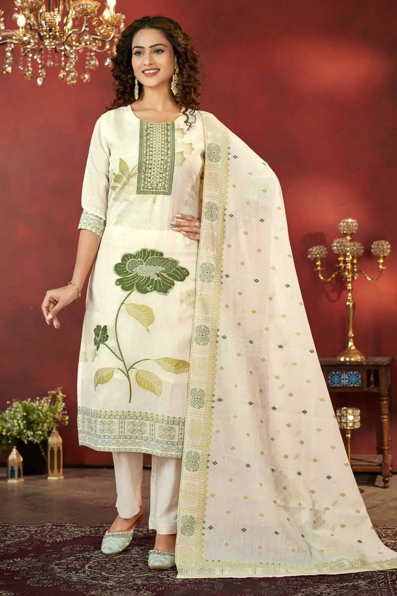 Charismatic Green Pure Cotton Jacquard with Hand Work3699