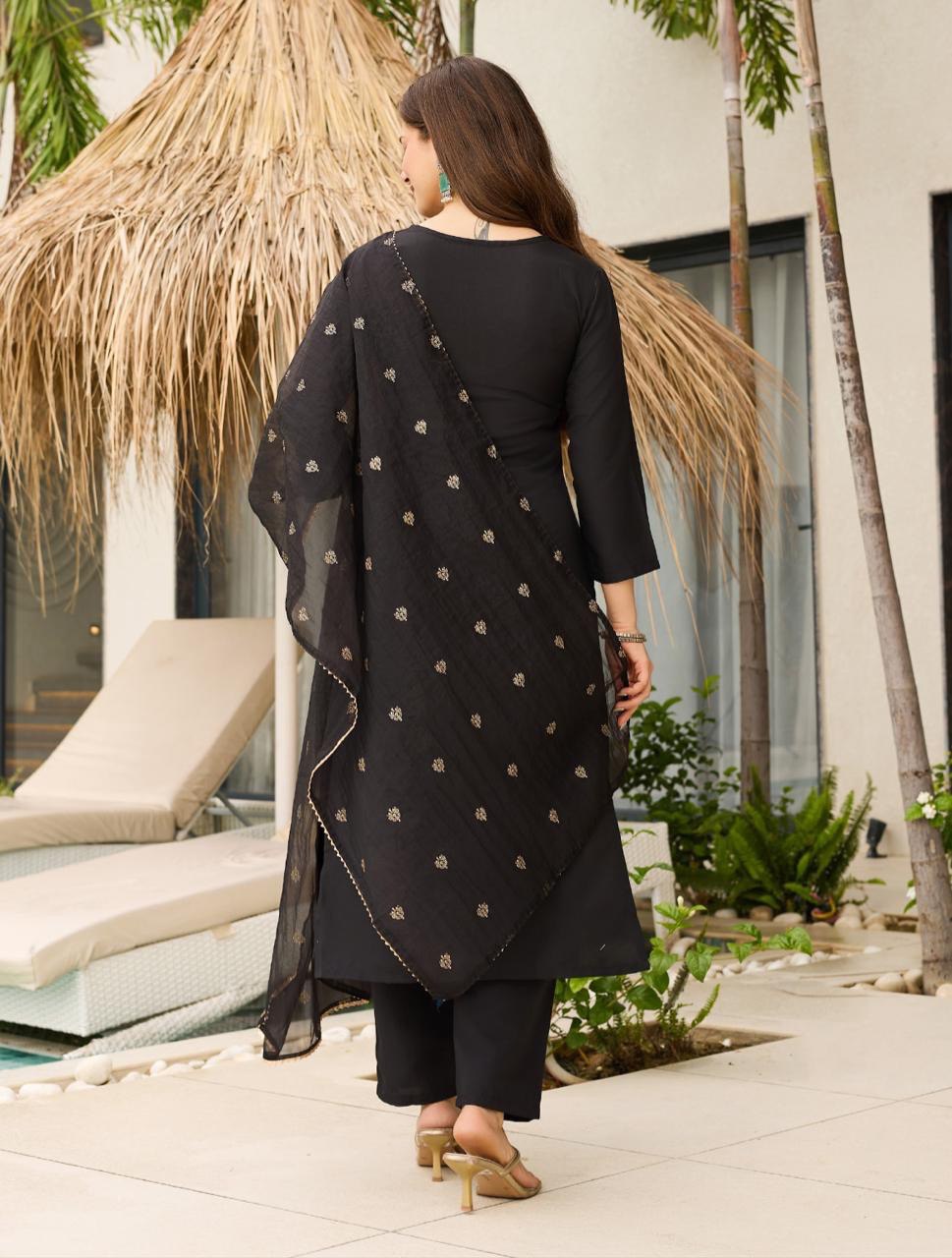 Quintessential Black Viscose Embroidered Work Suit Set