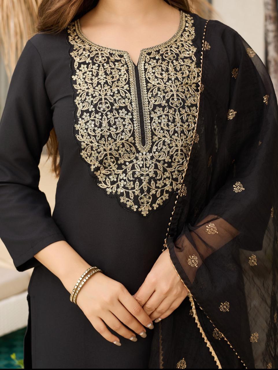 Quintessential Black Viscose Embroidered Work Suit Set