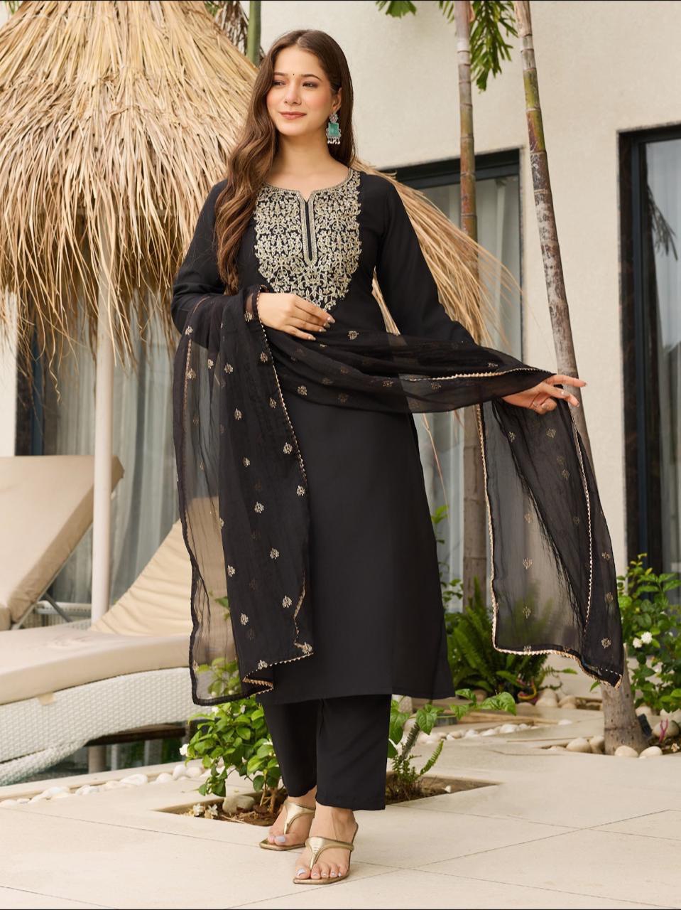 Quintessential Black Viscose Embroidered Work Suit Set