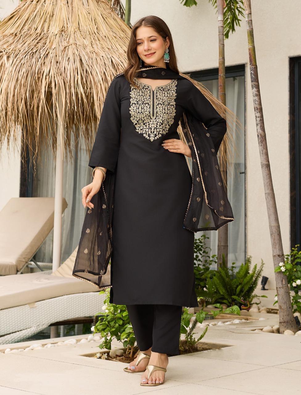Quintessential Black Viscose Embroidered Work Suit Set