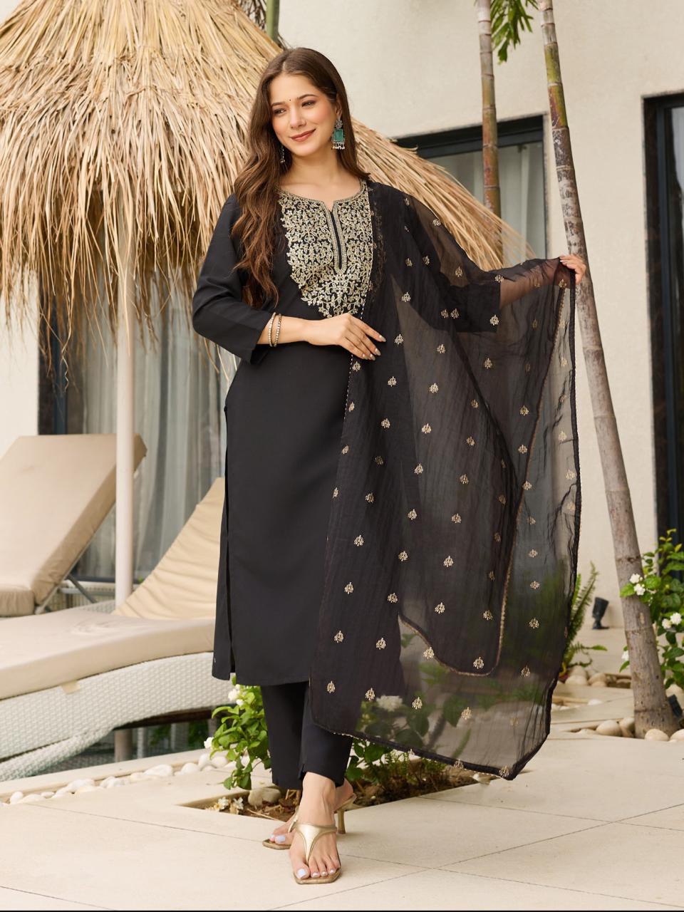 Quintessential Black Viscose Embroidered Work Suit Set