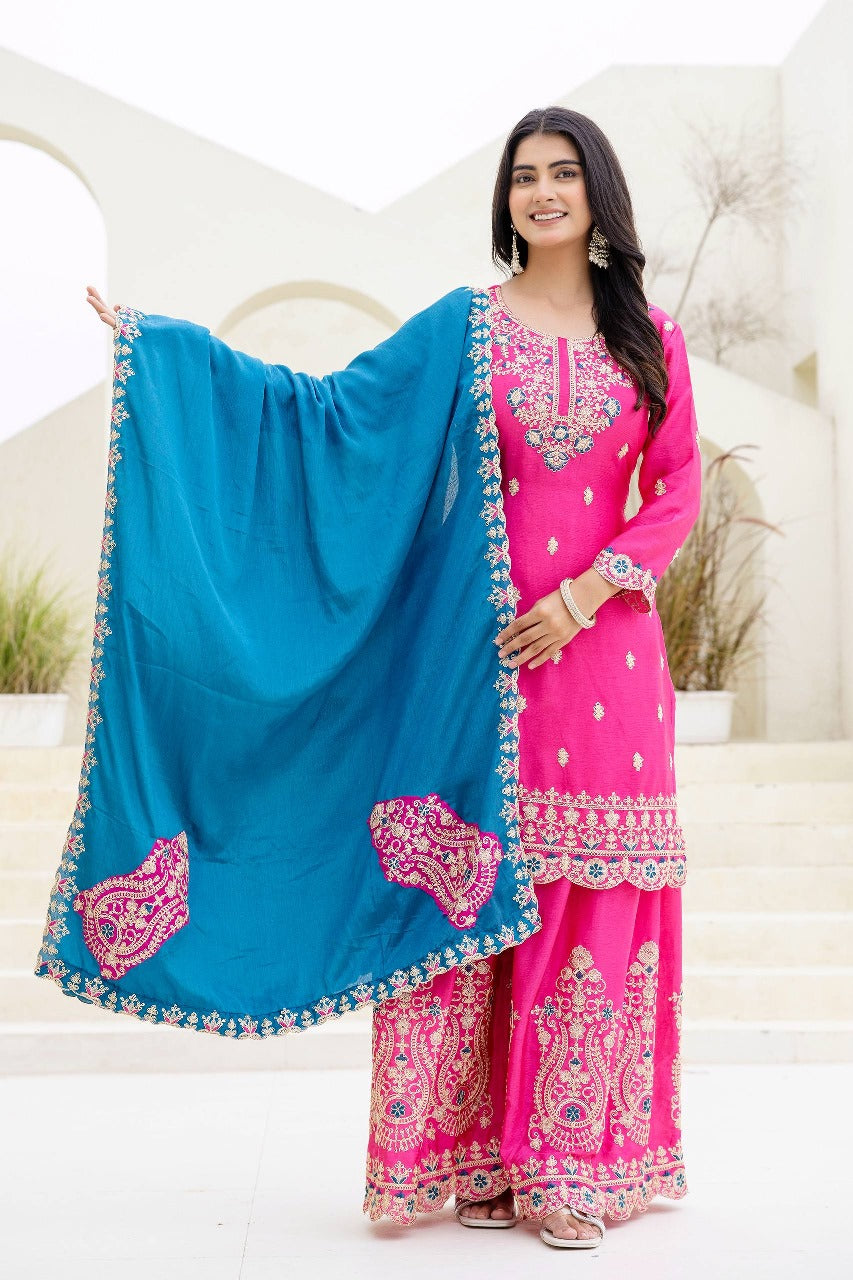 Epiphany Pink Chinon Embroidery With Codding Work Suit Set