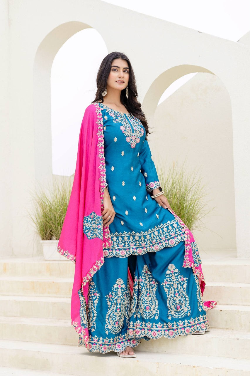 Nemesis Navy Blue Chinon Embroidery With Codding Work Suit Set