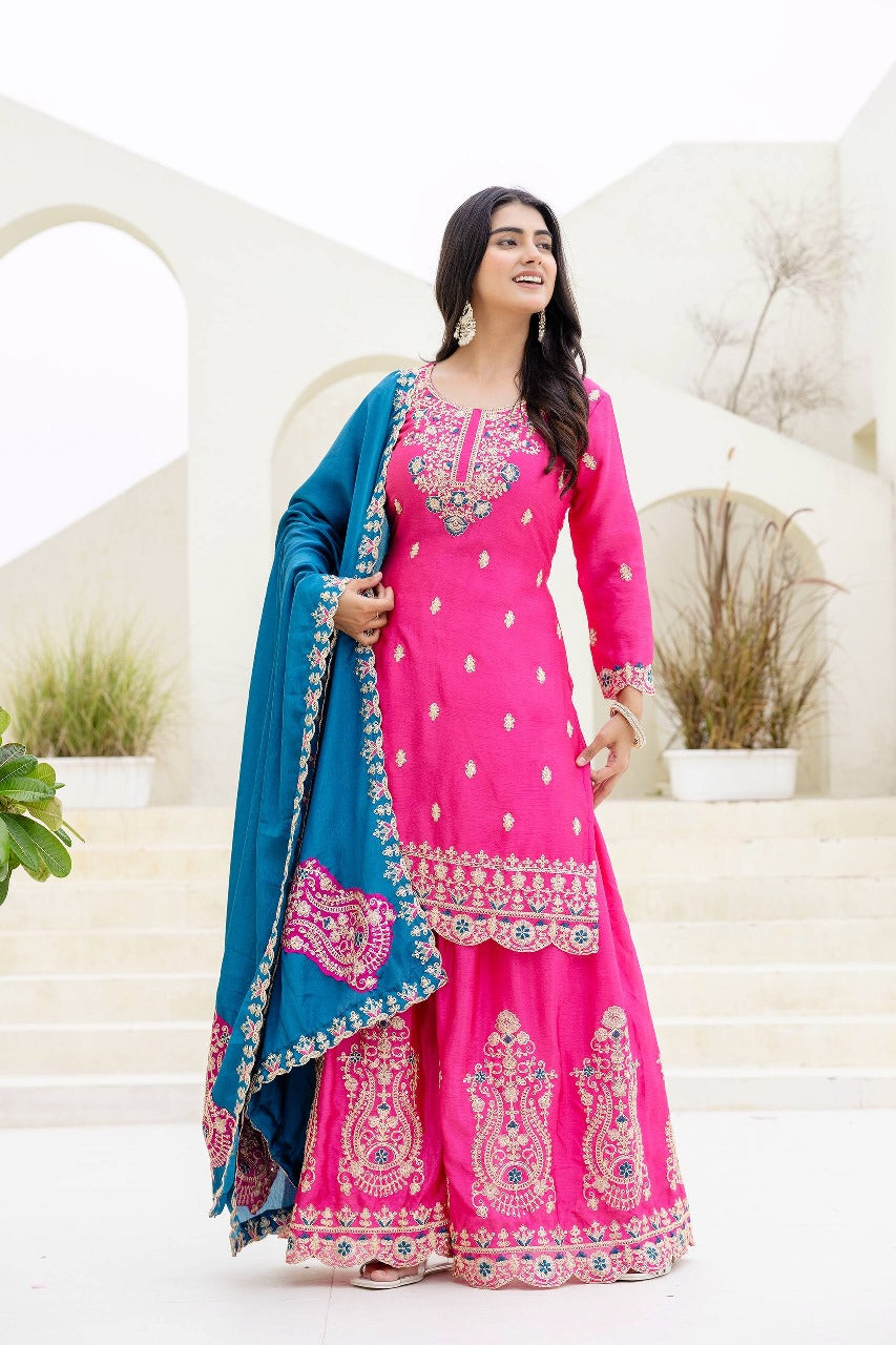 Epiphany Pink Chinon Embroidery With Codding Work Suit Set