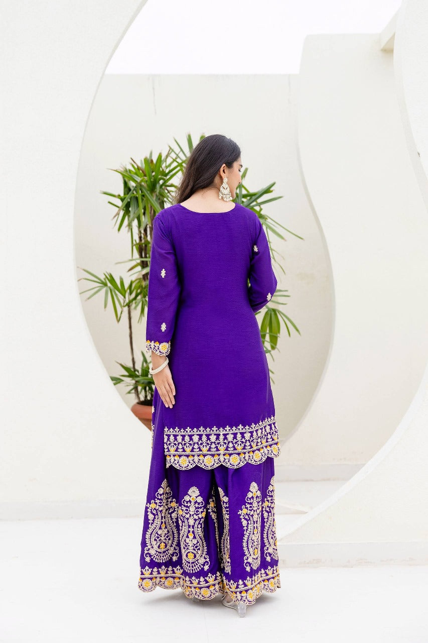 Lassitude Purple Chinon Embroidery With Codding Work Suit Set