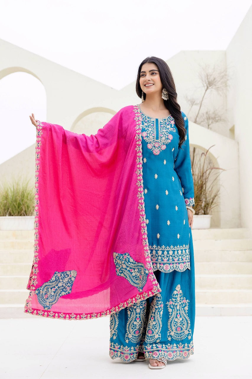 Nemesis Navy Blue Chinon Embroidery With Codding Work Suit Set