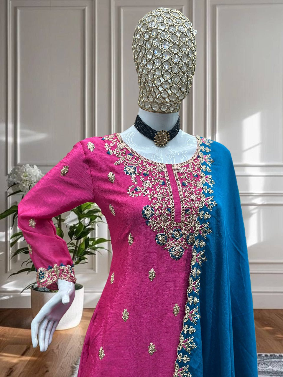 Epiphany Pink Chinon Embroidery With Codding Work Suit Set