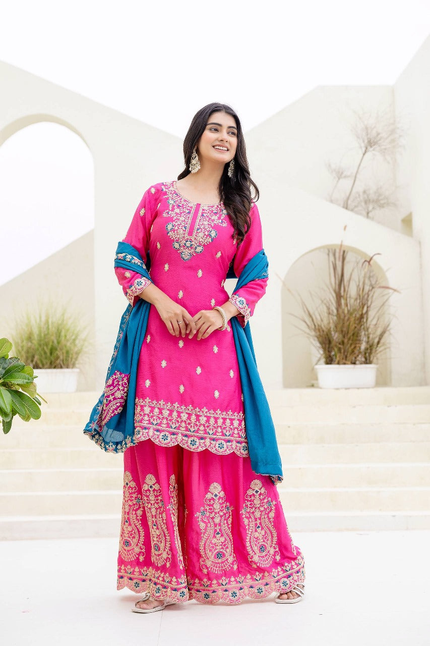 Epiphany Pink Chinon Embroidery With Codding Work Suit Set