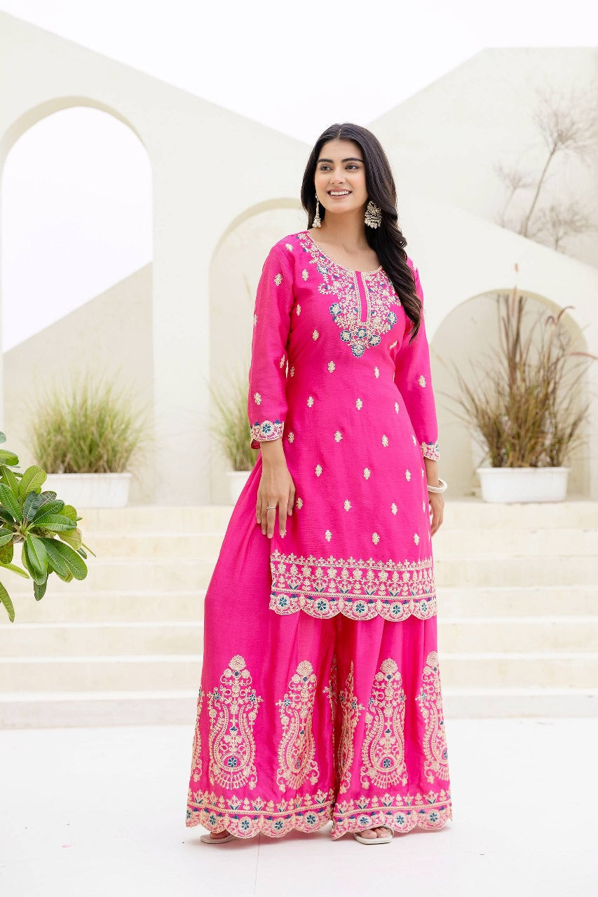 Epiphany Pink Chinon Embroidery With Codding Work Suit Set