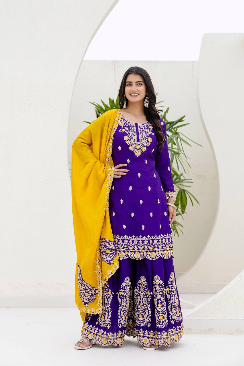 Lassitude Purple Chinon Embroidery With Codding Work Suit Set