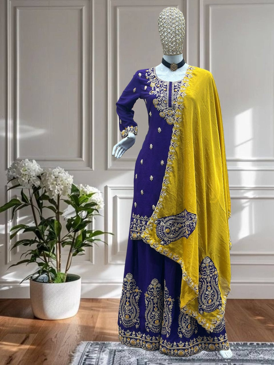 Lassitude Purple Chinon Embroidery With Codding Work Suit Set