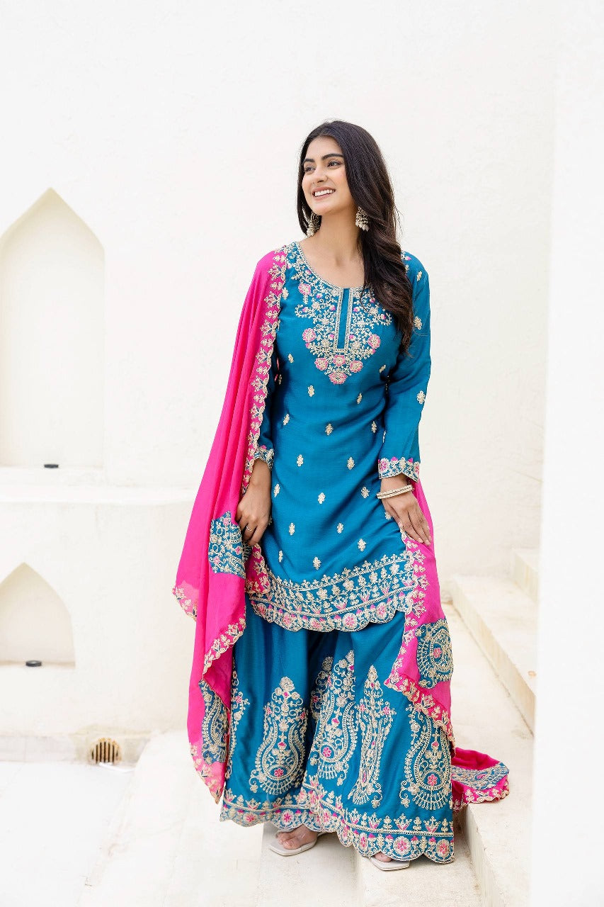 Nemesis Navy Blue Chinon Embroidery With Codding Work Suit Set