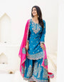 Nemesis Navy Blue Chinon Embroidery With Codding Work Suit Set
