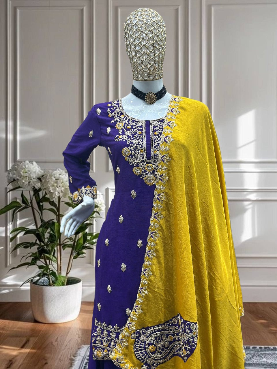 Lassitude Purple Chinon Embroidery With Codding Work Suit Set