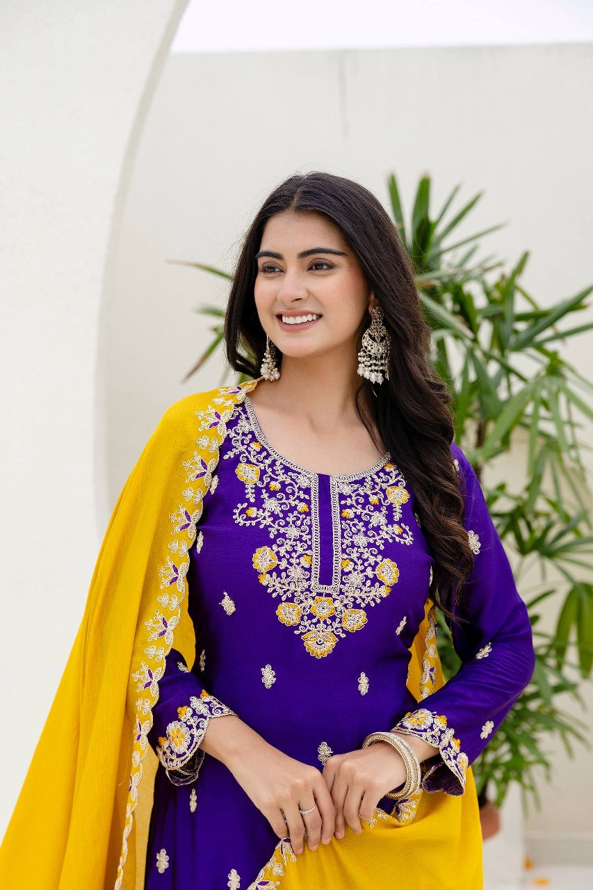 Lassitude Purple Chinon Embroidery With Codding Work Suit Set