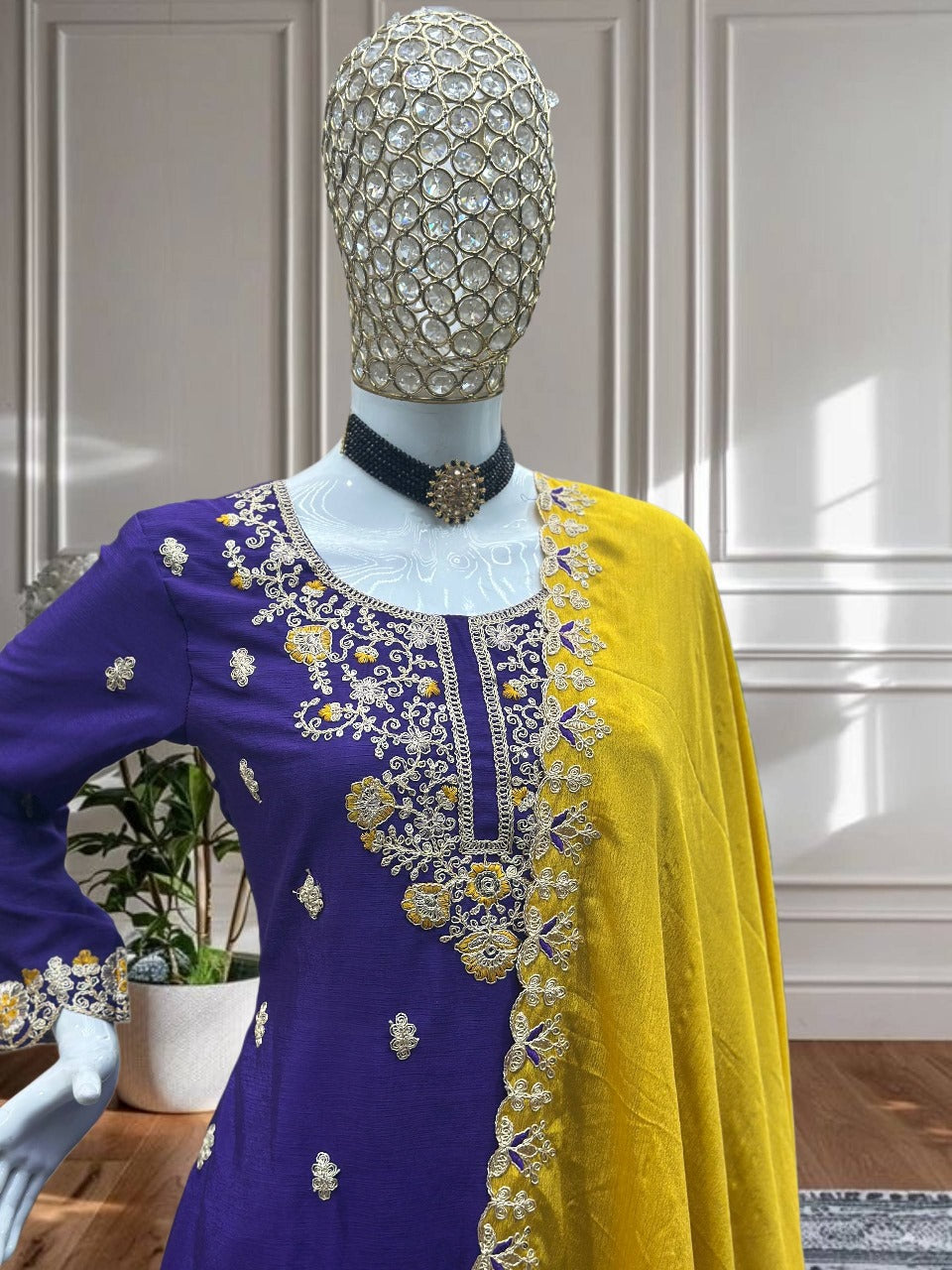 Lassitude Purple Chinon Embroidery With Codding Work Suit Set